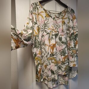 Rachel Zoe Cream White Cheetah Leapord Toucan Palm Tree Linen Top Sz 1X